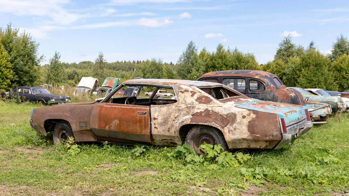 Old Abandoned Rusty Vehicles, Crushed Cars In Scrapyard, Junk Ya